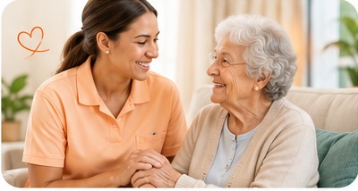Caregiver and older adult sharing a warm moment at home