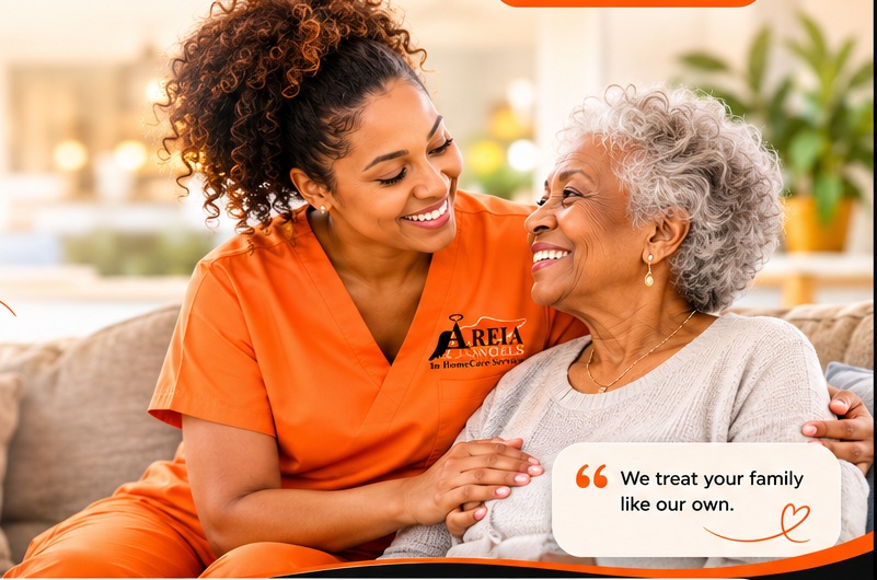 Caregiver warmly supporting an older adult at home